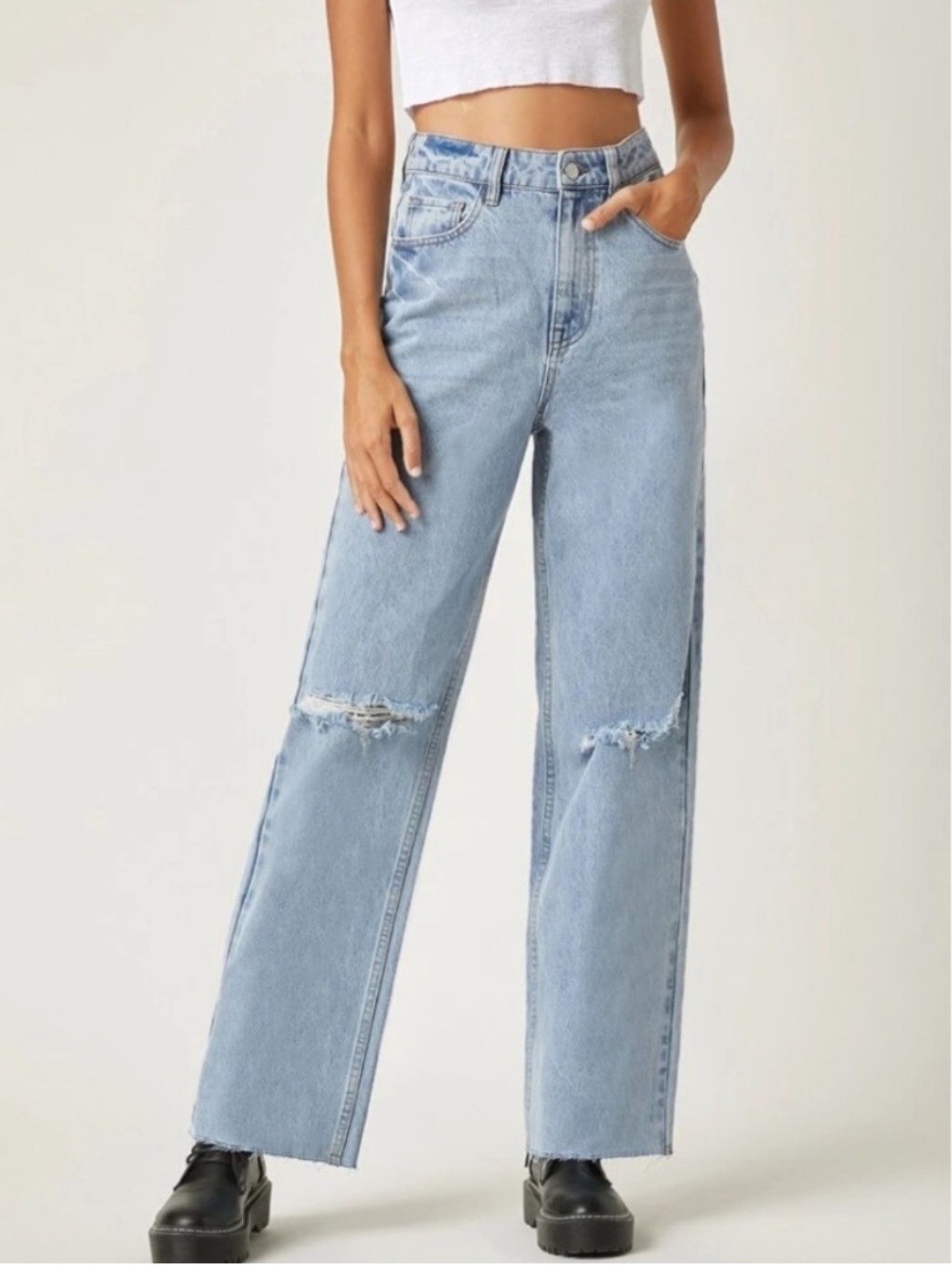 SHEIN Light Blue Straight Leg Distressed Jeans